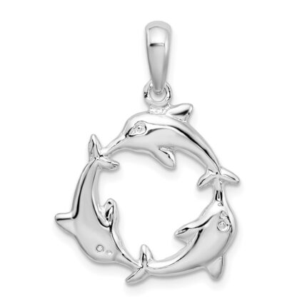 De-Ani Sterling Silver Rhodium-Plated Polished 3 Dolphin Circle Pendant