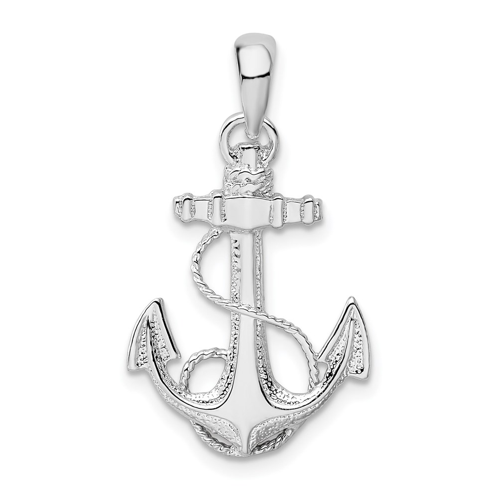 QC10081.jpg De-Ani Sterling Silver Rhodium-Plated Polished and Textured Anchor with Rope Pendant - Image 1