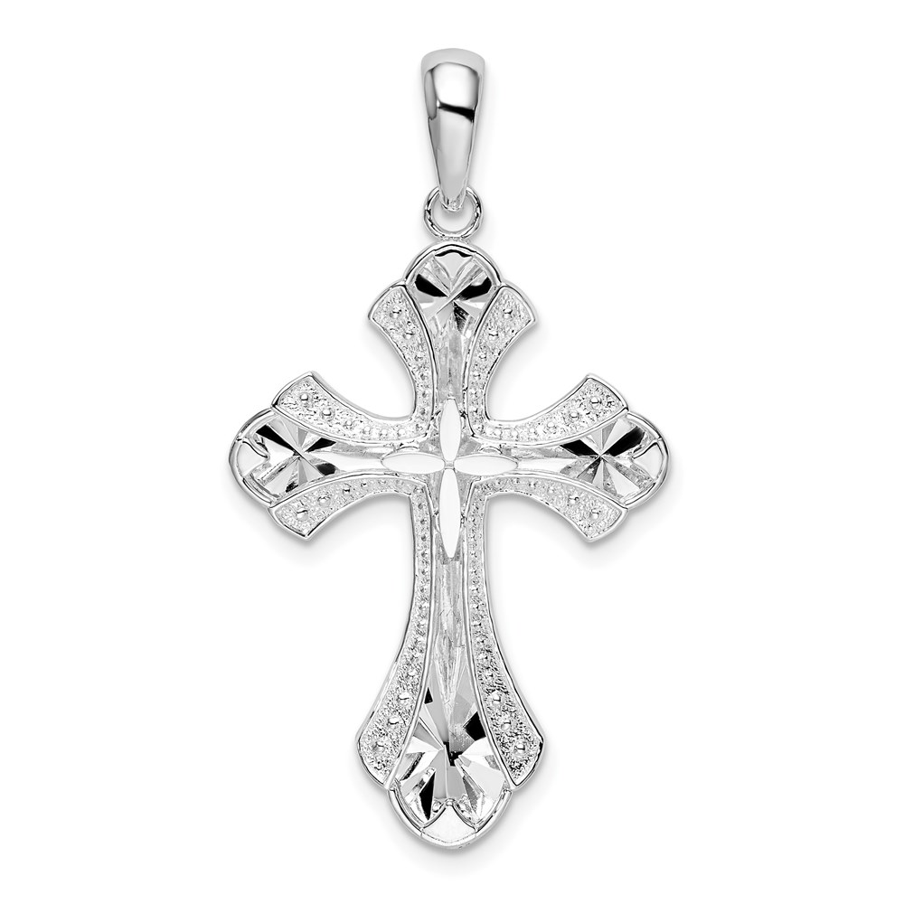 QC10198.jpg De-Ani Sterling Silver Rhodium-Plated Diamond-Cut Fleur de Lis Cross Pendant - Image 1