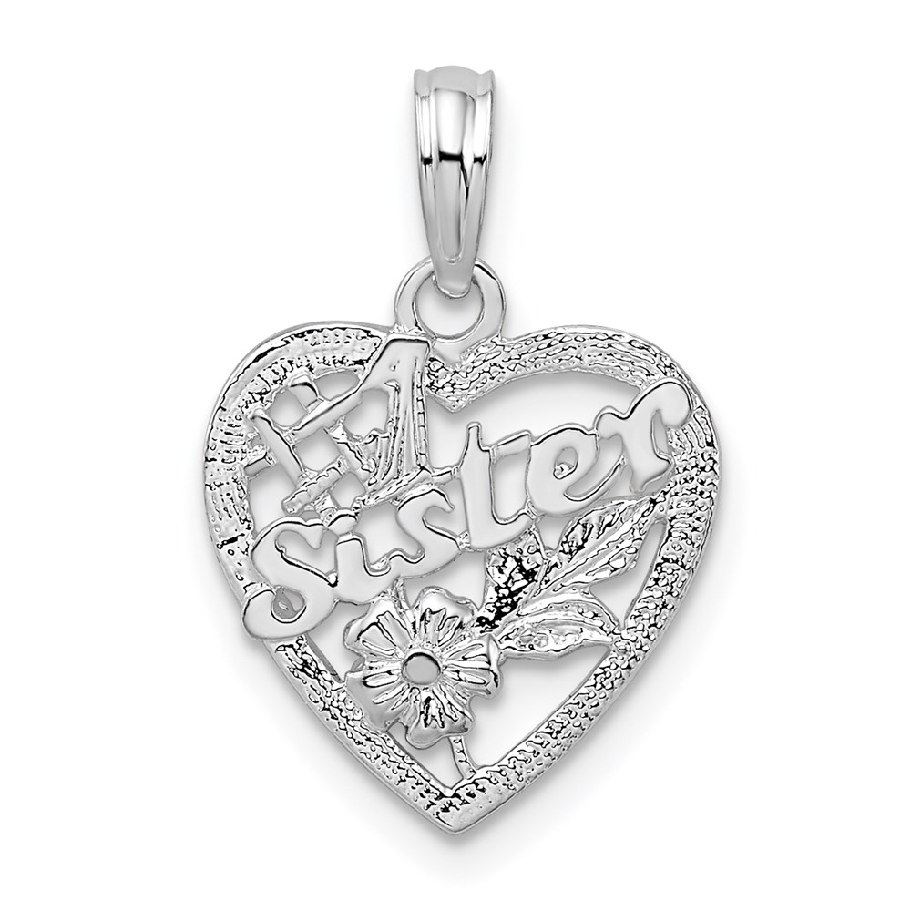QC10304.jpg De-Ani Sterling Silver Rhodium-Plated Polished #1 Sister with Flower Heart Pendant - Image 1