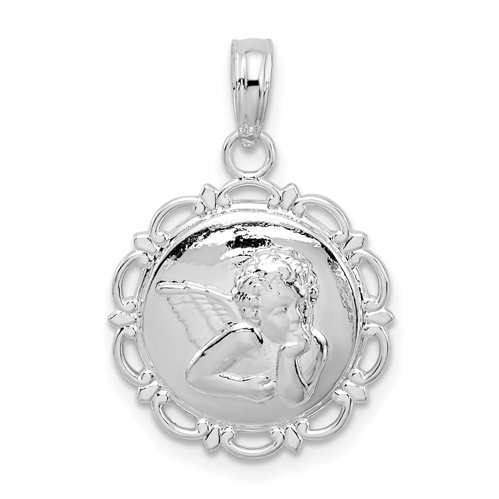 QC10307.jpg De-Ani Sterling Silver Rhodium-Plated Polished Scalloped Edge Angel Pendant - Image 1
