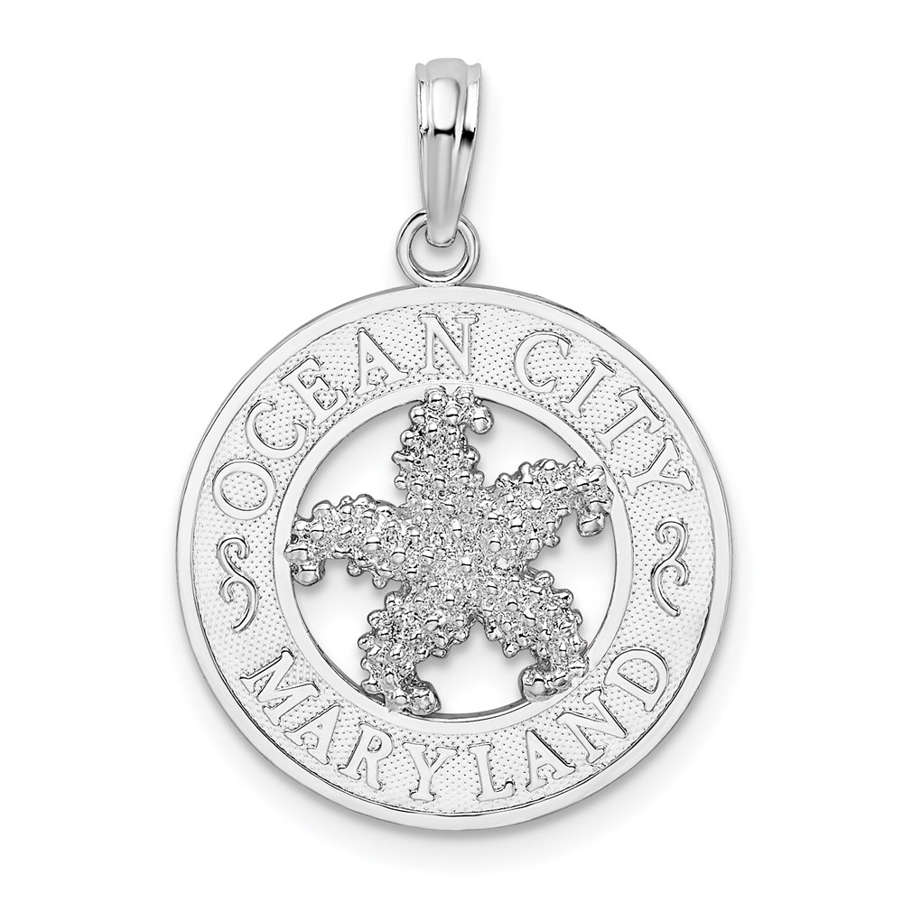 QC10382.jpg De-Ani Sterling Silver Rhodium-Plated Ocean City Maryland Circle with Starfish Pendant - Image 1