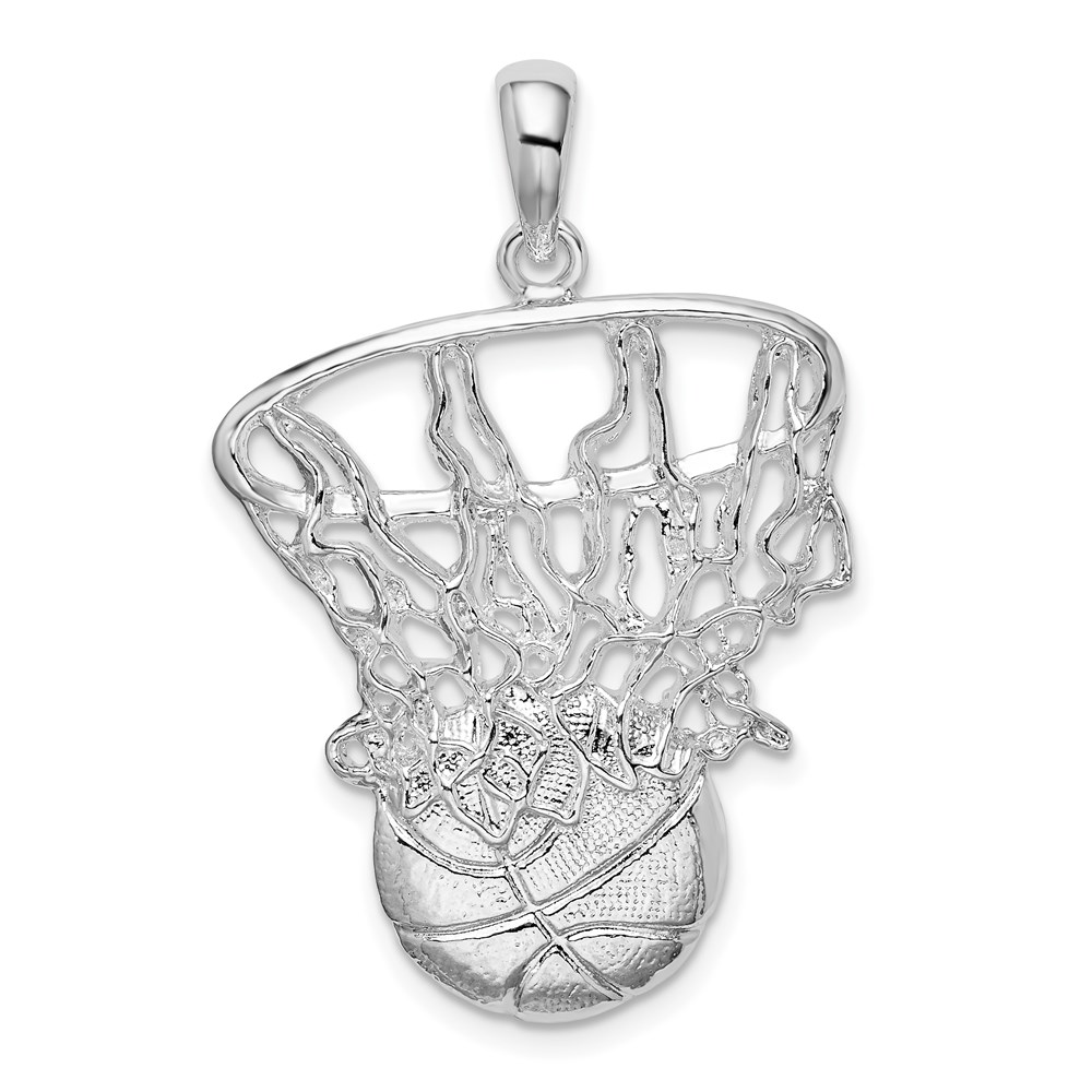 QC10437.jpg De-Ani Sterling Silver Rhodium-Plated Polished Basketball in Net Pendant - Image 1