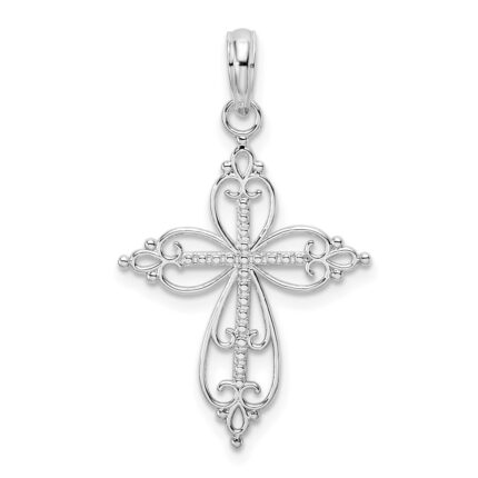 De-Ani Sterling Silver Rhodium-plated Polished Fancy Filigree with Beaded Center Cross Pendant