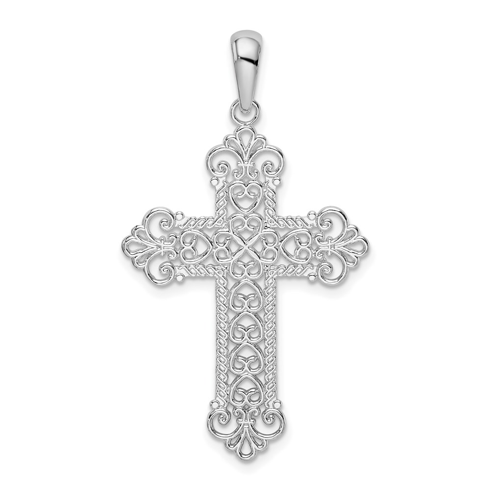 QC10506.jpg De-Ani Sterling Silver Rhodium-Plated Polished Filigree Fleur de Lis Cross Pendant - Image 1