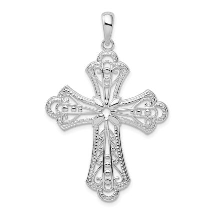 De-Ani Sterling Silver Rhodium-plated Polished Filigree Bead Edge Fleur de Lis Cross Pendant