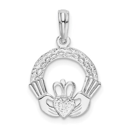 De-Ani Sterling Silver Rhodium-Plated Polished and Textured Claddagh Circle Pendant