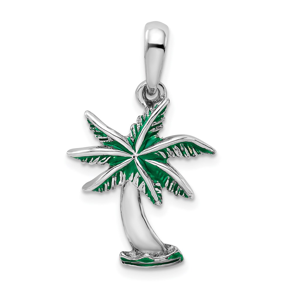 QC10628.jpg De-Ani Sterling Silver Rhodium-Plated Polished Enameled Palm Tree Pendant - Image 1