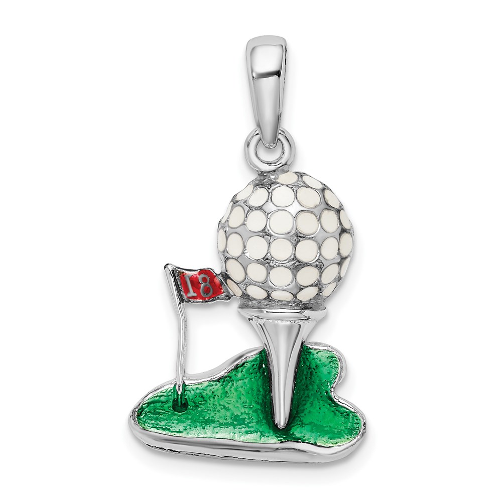 QC10687.jpg De-Ani Sterling Silver Rhodium-Plated Polished Enameled Golf Ball with Tee Pendant - Image 1