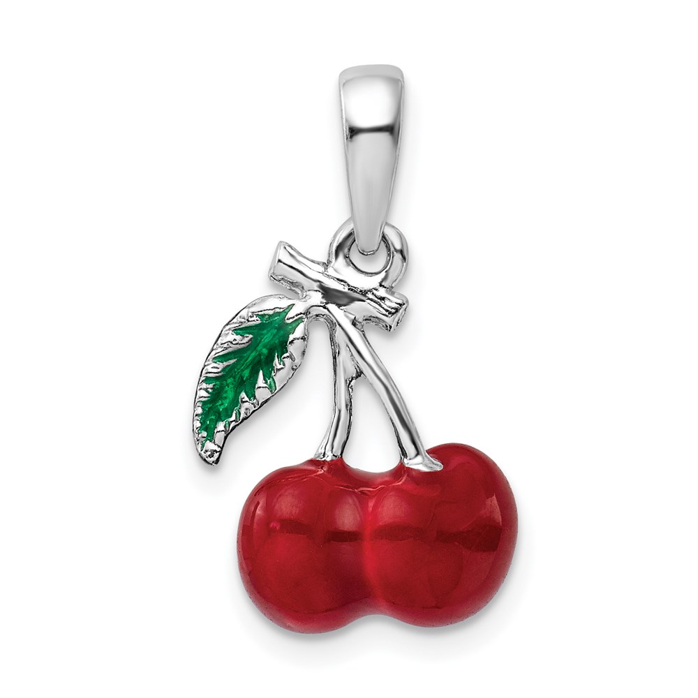 QC10688.jpg De-Ani Sterling Silver Rhodium-Plated Polished 3D Enameled Cherries Pendant - Image 1