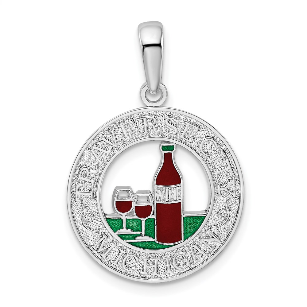 QC10690.jpg De-Ani Sterling Silver Rhodium-Plated Enameled Traverse City Michigan with Wine Pendant - Image 1