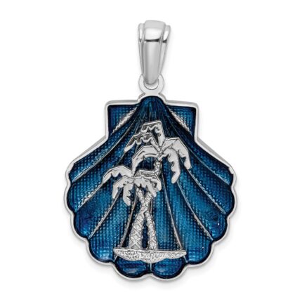 De-Ani Sterling Silver Rhodium-Plated Enameled Blue Shell with Palm Trees Pendant