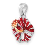 De-Ani Sterling Silver Rhodium-Plated Polished Enameled Red Hibiscus Pendant - Image 5