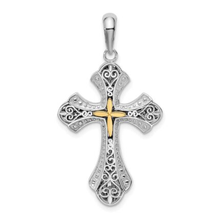 De-Ani Sterling Silver Rhodium-Plated Filigree Budded Cross with 14k Accent Pendant