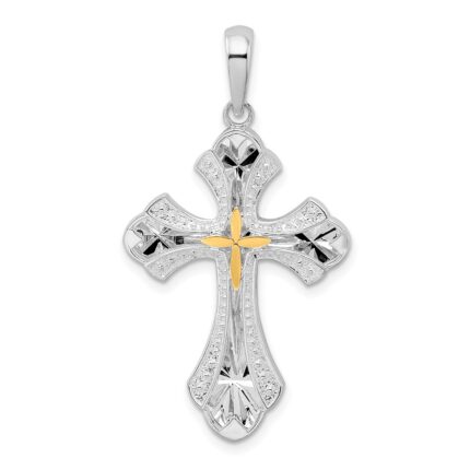 De-Ani Sterling Silver Rhodium-Plated Diamond-Cut Budded Cross with 14k Accent Pendant