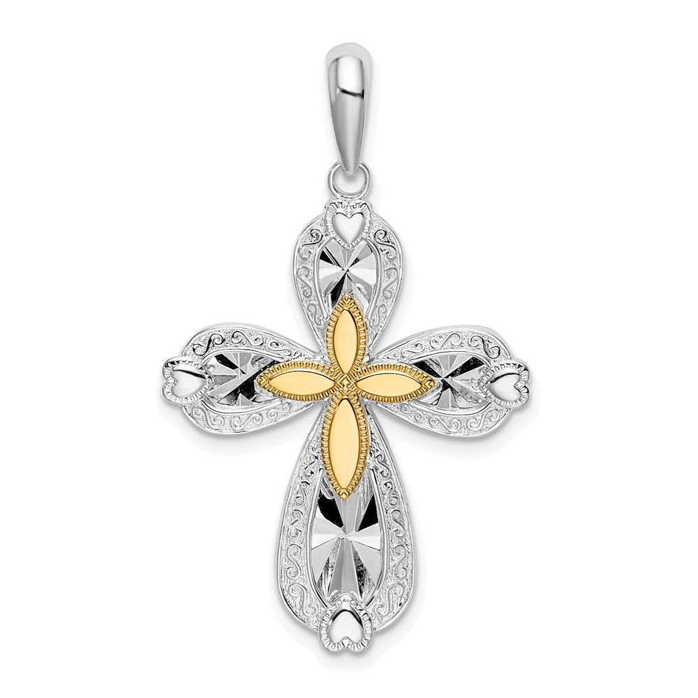 QC10919G.jpg De-Ani Sterling Silver Rhodium-Plated Diamond-Cut Heart Cross with 14k Accent Pendant - Image 1