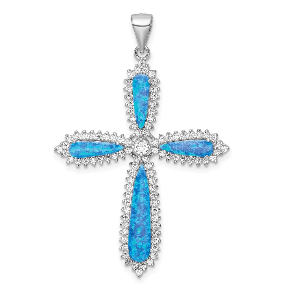 QC11164.jpg Sterling Silver RH-plated Blue Created Opal & CZ Border Cross Pendant - Image 1