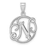 Small Sterling Silver Rhodium-plated Fancy Script Letter N Initial Pendant