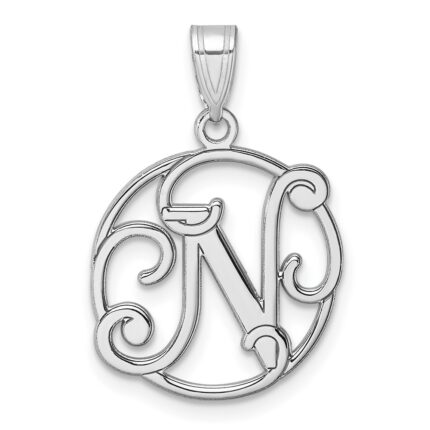 Small Sterling Silver Rhodium-plated Fancy Script Letter N Initial Pendant