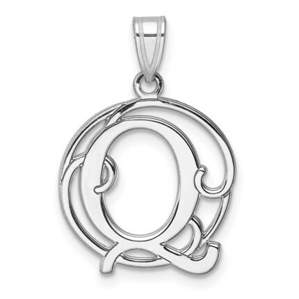Small Sterling Silver Rhodium-plated Fancy Script Letter Q Initial Pendant
