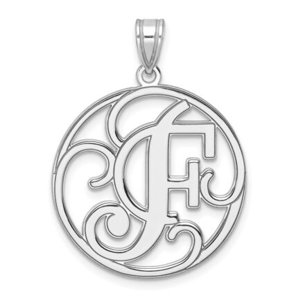 Large Sterling Silver Rhodium-plated Fancy Script Letter F Initial Pendant