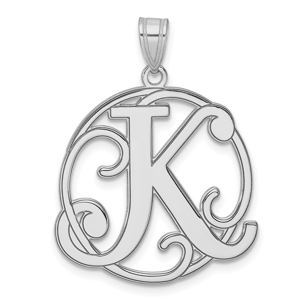 QC11258K.jpg Large Sterling Silver Rhodium-plated Fancy Script Letter K Initial Pendant - Image 1