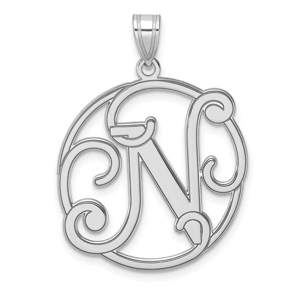 QC11258N.jpg Large Sterling Silver Rhodium-plated Fancy Script Letter N Initial Pendant - Image 1