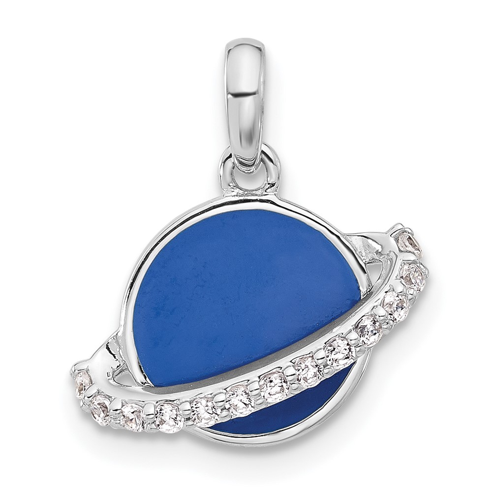 QC11310.jpg Sterling Silver Rh-plated Polished Round Blue Enamel CZ Planet Pendant - Image 1