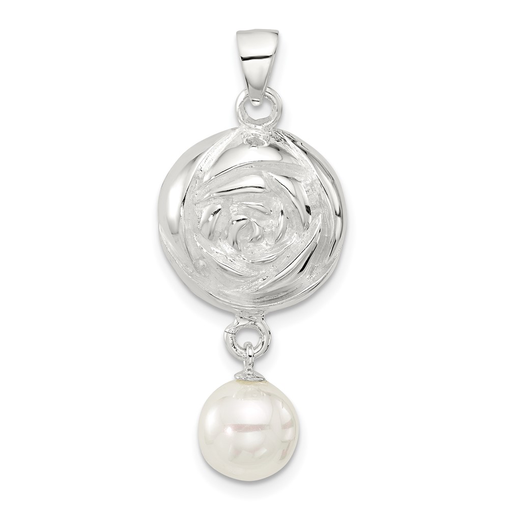 QC11323.jpg Sterling Silver Polished Textured Domed Flower with Dangle Pearl Pendant - Image 1