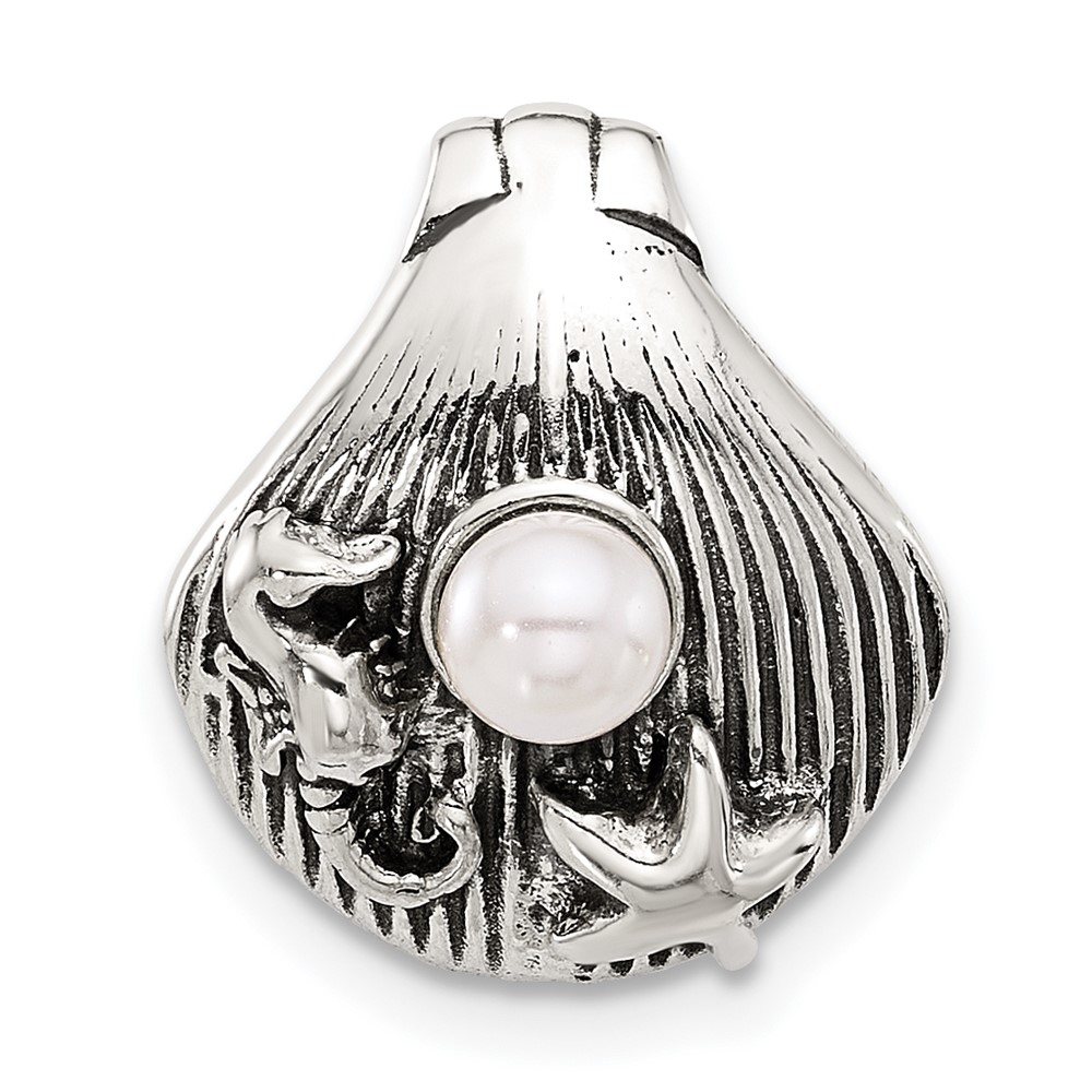 QC11361.jpg Sterling Silver Polished and Antiqued Synthetic Pearl Seashell Chain Slide - Image 1
