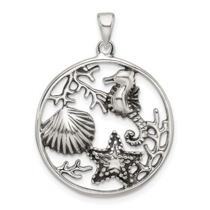 Sterling Silver Polished and Antiqued Sea Life Circle Pendant
