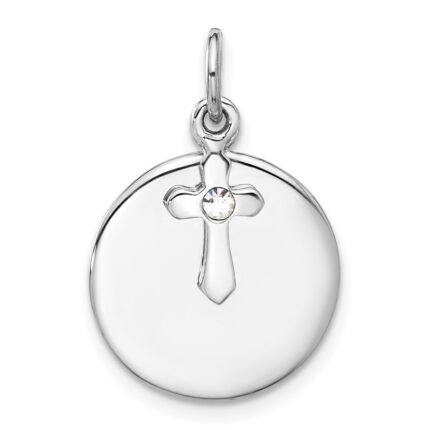 SS Rhodium-plated Circle Disk and Cross with Clear Crystal Pendant