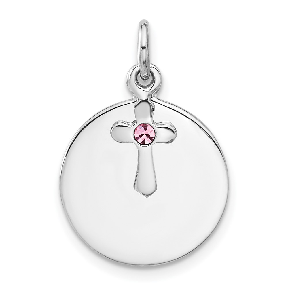 QC11428.jpg SS Rhodium-plated Circle Disk and Cross with Pink Crystal Pendant - Image 1