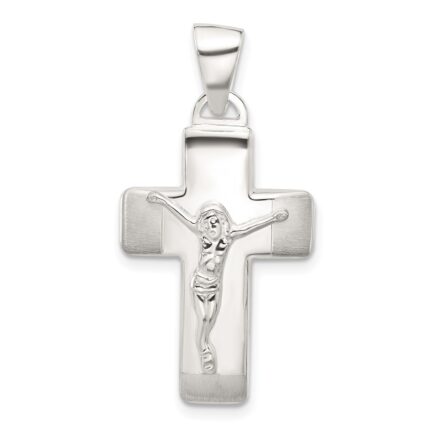 Sterling Silver Satin and Polished Crucifix Cross Pendant