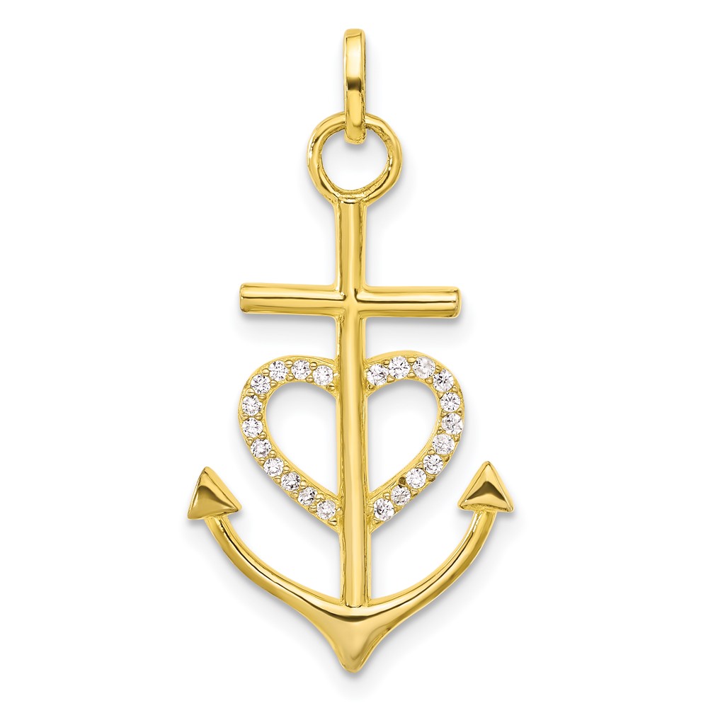 QC11463GP.jpg Sterling Silver Gold-tone Cross CZ Heart Anchor Pendant - Image 1