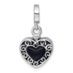 Sterling Silver Rhodium-plated Onyx Enameled Heart Ash Holder Bead/Pendant