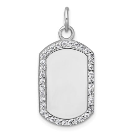 Sterling Silver Rhodium-plated Polished CZ Engraveable Dog Tag Pendant