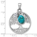 Sterling Silver Rhodium-plated Polished CZ and Compressed Turquoise Cabochon Tree of Life Pendant - Image 5