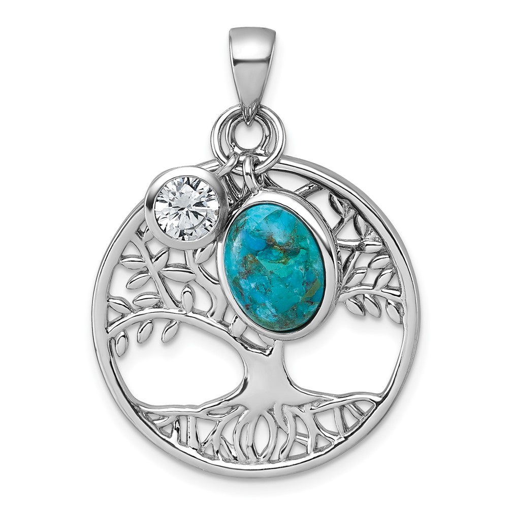 QC11565.jpg Sterling Silver Rhodium-plated Polished CZ and Compressed Turquoise Cabochon Tree of Life Pendant - Image 1