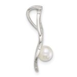 Sterling Silver Polished CZ and Acrylic Pearl on Leaf Chain Slide Pendant - Image 2