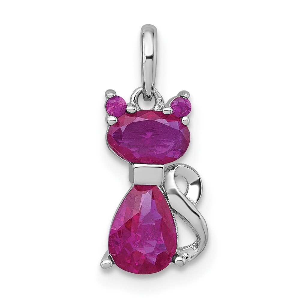 QC11575.jpg Sterling Silver Rhodium-plated Red Corundum Cat Pendant - Image 1