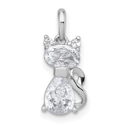 Sterling Silver Rhodium-plated White CZ Cat Pendant