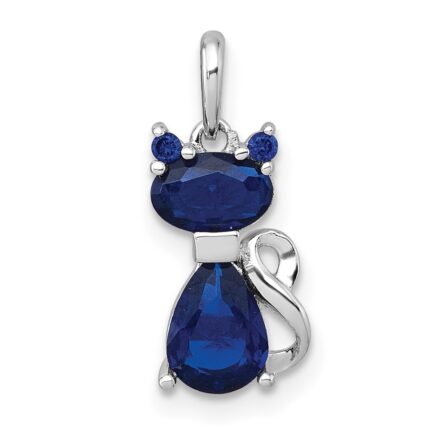 Sterling Silver Rhodium-plated Blue Lab Created Sapphire Cat Pendant