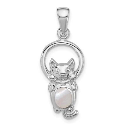 Sterling Silver Rhodium-plated Polished Mother of Pearl Cat Hanging on Ring Pendant