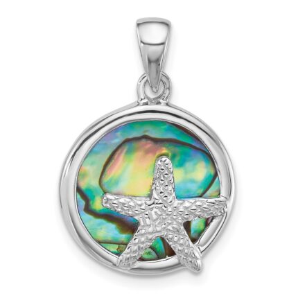 Sterling Silver Rhodium-plated Polished Abalone Circle with Textured Starfish Pendant