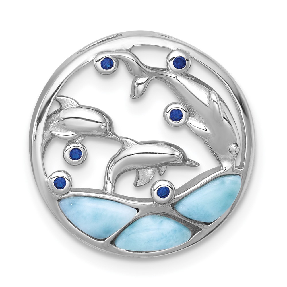 QC11587.jpg Sterling Silver Rhodium-plated Polished Larimar and Blue CZ Dolphins Chain Slide Pendant - Image 1