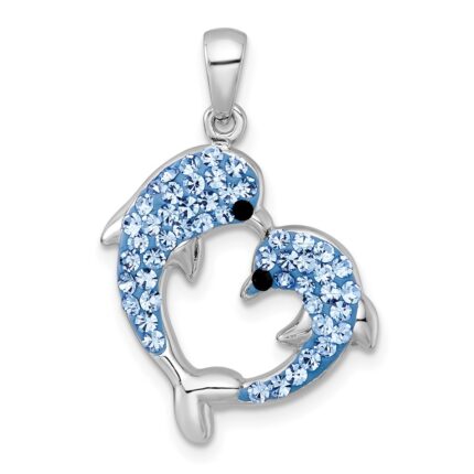 Sterling Silver Rhodium-plated Polished Blue and Black Crystal Dolphins Heart Shape Pendant