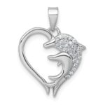 Sterling Silver Rhodium-plated Polished CZ Dolphins Heart Pendant