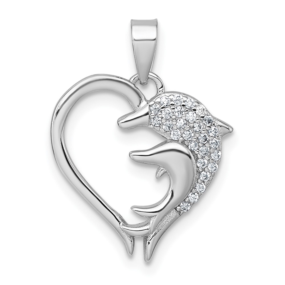 QC11589.jpg Sterling Silver Rhodium-plated Polished CZ Dolphins Heart Pendant - Image 1