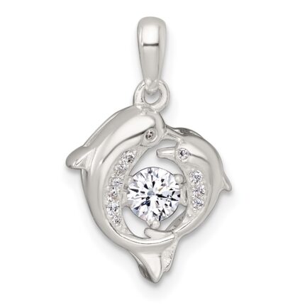 Sterling Silver Polished Vibrant Moving CZ 2-Dolphin Pendant